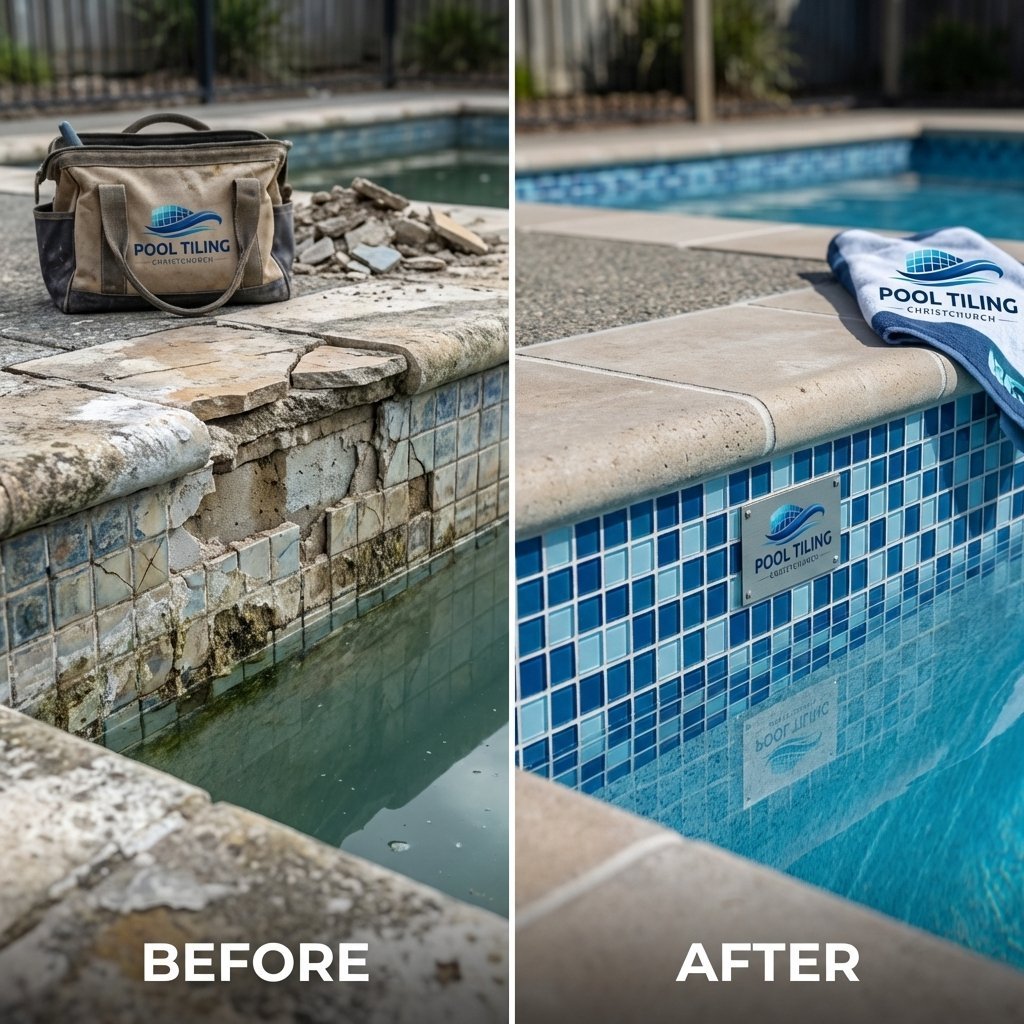 Pool Tiling Christchurch – before and after pool tile repair